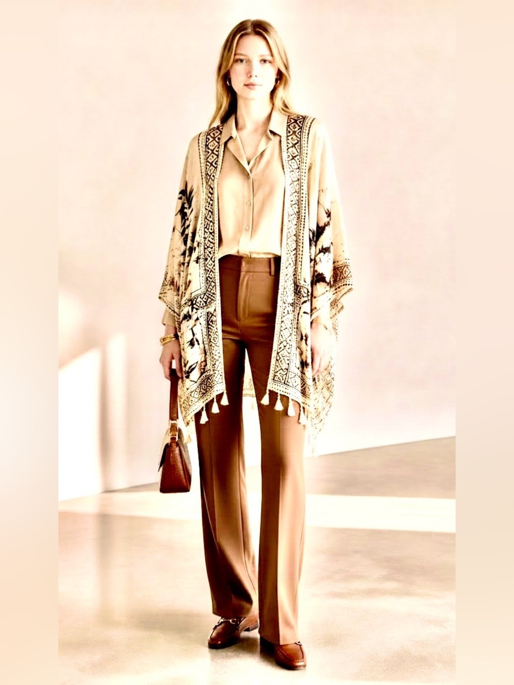 Vince Camuto Cream Tassel-Trim Printed Open Kimono